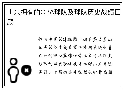山东拥有的CBA球队及球队历史战绩回顾